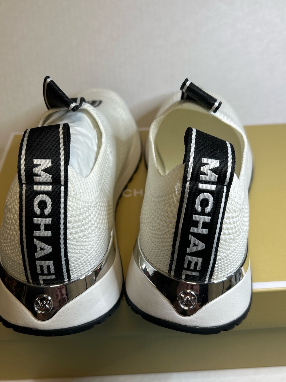 Michael Kors White Knit Slip-On Sneakers with Black Logo Tabs - Picture 3 of 4
